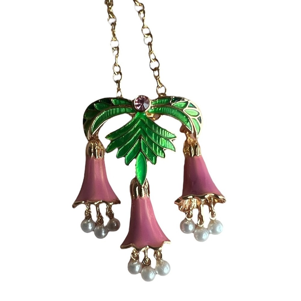 L.C. Tiffany GOLD TONE Pink Enamel Pearls Flowers PENDANT NWT